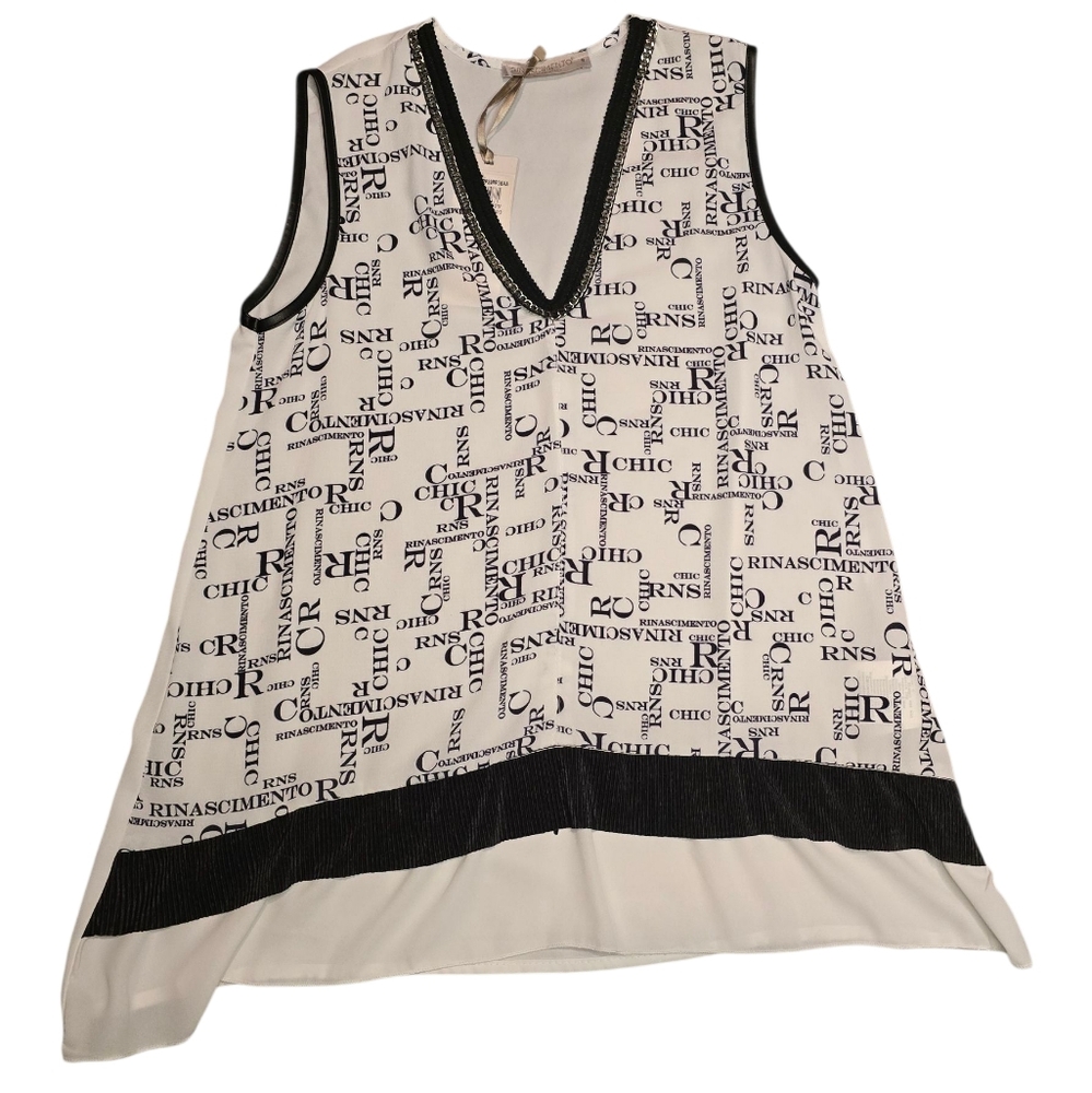 Rinascimento Made In Italy White & Black Logo Print Chain V Neck Tank